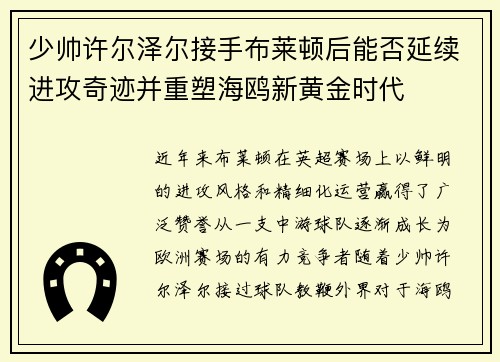 少帅许尔泽尔接手布莱顿后能否延续进攻奇迹并重塑海鸥新黄金时代